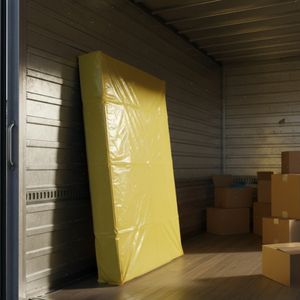 Matratze in Matratzenhülle in Umzugstransporter